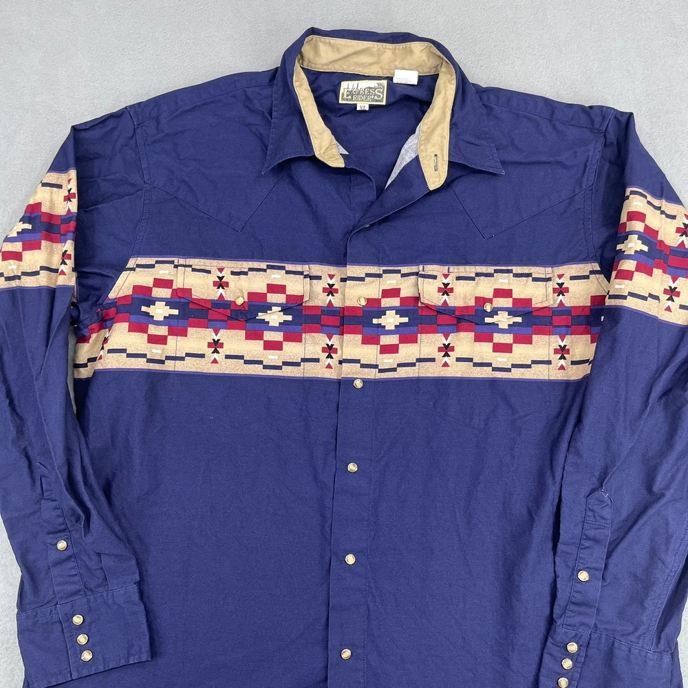 Express Rider Mens XL Navy Blue Southwestern Aztec Print Western Snap Shirt 90s - Picture 2 of 11